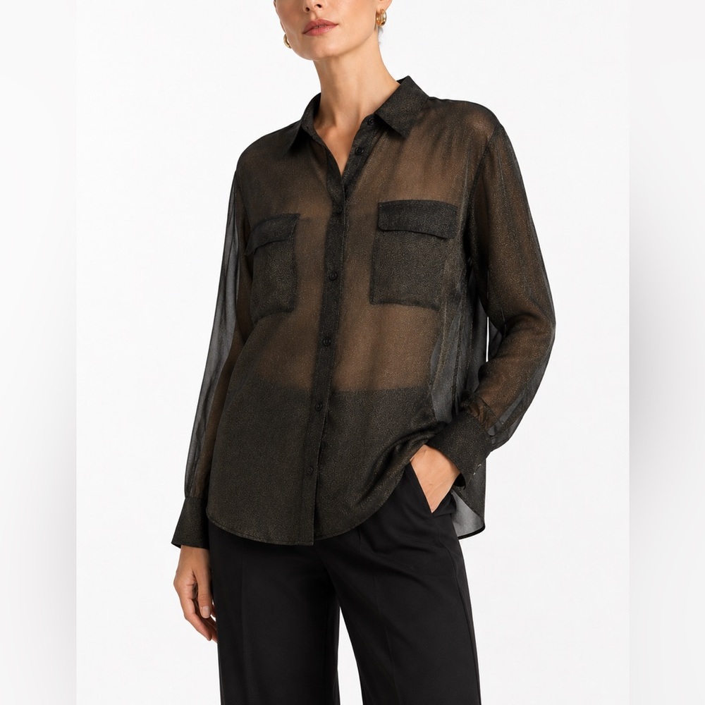 Equipment Femme M Silk Black and Gold Button-Up Shirt Long Sleeve Sheer